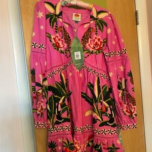 FARM Rio Pink Floral and Green Leaf Mini Dress